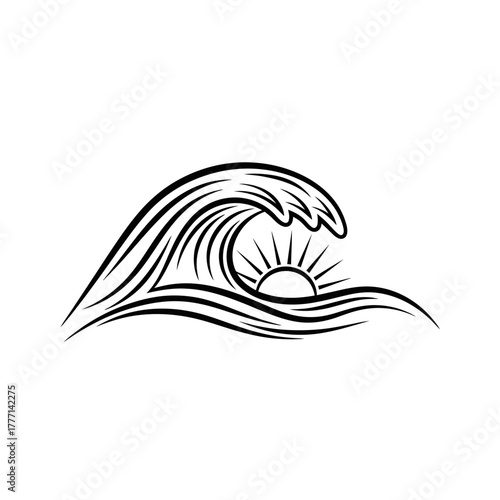 Stylized ocean wave curling over a rising sun line art.