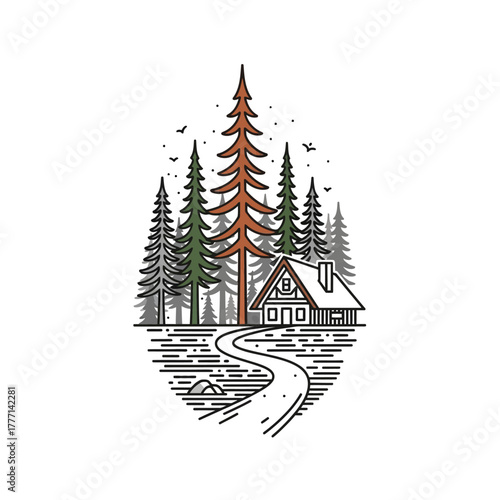 Cozy Cabin in a Pine Forest Landscape Line Art Illustration.