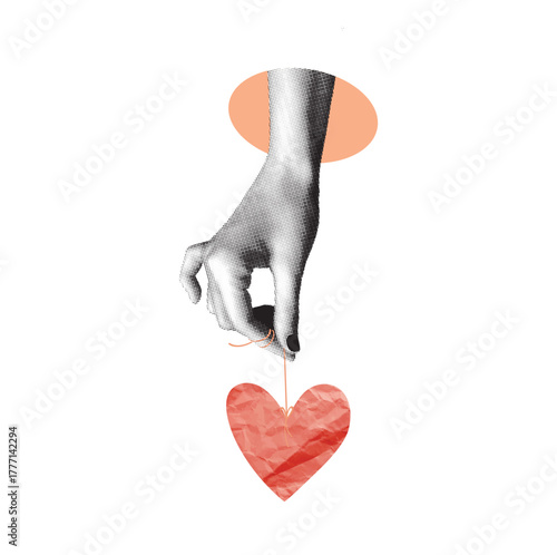 A hand holds a red heart on a string. A modern vector collage with a halftone hand and abstract elements. A love and romance concept for Valentine s Day card and poster designs.