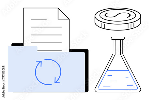 Folder with document and recycling icon, dollar coin, and flask with liquid. Ideal for data organization, finance, scientific study, sustainable progress, economic value, innovation business
