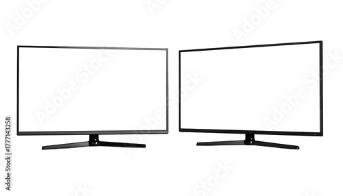 Two monitors, blank white screens, sleek black frames on stands