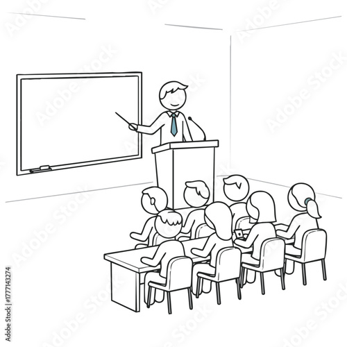 A sketch depicts a presenter at a podium addressing an audience seated at desks, with a whiteboard visible, conveying a business presentation.