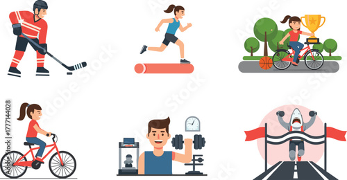 Sports activity, fitness training, cycling, hockey, gym workout, treadmill running, race finish, healthy lifestyle, competition win, flat vector illustration