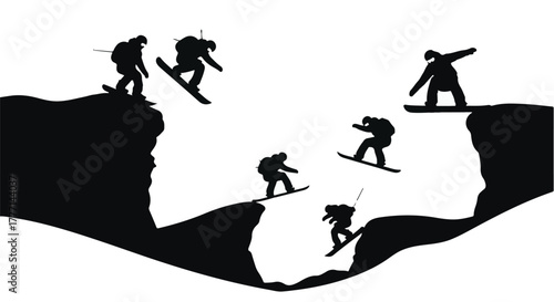 Dynamic snowboarders leap and glide across snowy cliffs in a thrilling winter adventure.