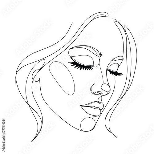Minimalist line art drawing of a womans face with closed eyes, conveying a sense of peace and introspection