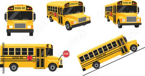 School bus illustration set, cartoon yellow buses, transportation vector design, multiple angles and views, educational vehicle collection