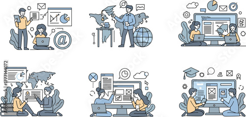 Online education, digital learning, virtual classroom, global e-learning, remote study, student interaction, data analysis, online graduation, task management, flat vector illustration