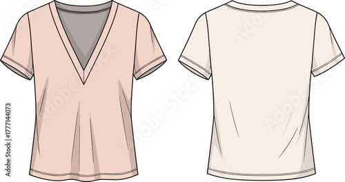 Women short sleeve V-neck top fashion flat sketch, front and back view technical CAD drawing vector clothing illustration