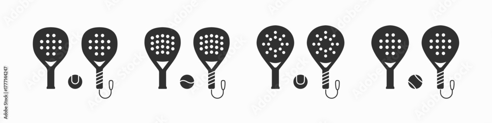 Naklejka premium Set of padel racket black icons isolated on white background. Paddle tennis racket and ball silhouette collection. Vector illustration