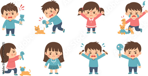 Angry and sad kids, emotional child behavior, cartoon expressions, frustration and crying, flat vector illustration, childhood mood reactions, tantrum scenes