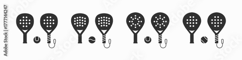 Set of padel racket black icons isolated on white background. Paddle tennis racket and ball silhouette collection. Vector illustration