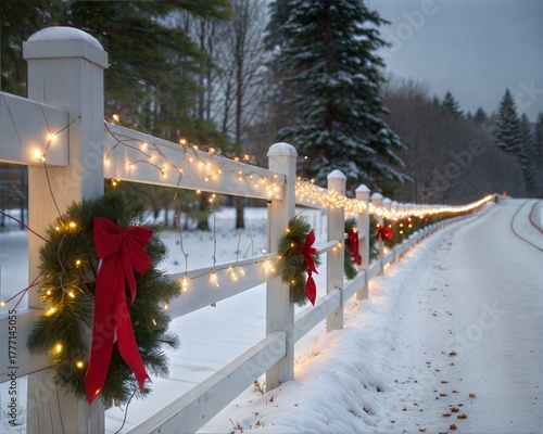 Christmas in the country - White split rail fence with pine bough wreathes and white lights
