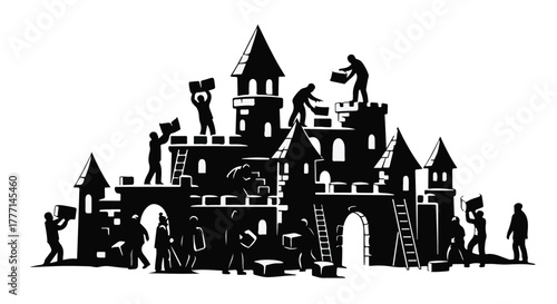 Teamwork brings a magnificent castle to life, with people building together.