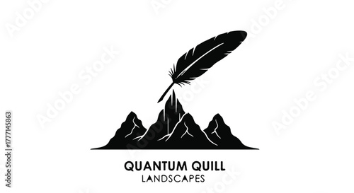 Creative quill pen atop rugged mountain peaks, symbolizing inspiration and exploration.