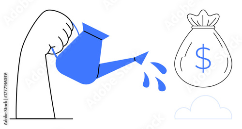 Hand holding watering can pouring water toward bag with dollar sign, representing financial growth, investment, savings, economy, profitability, wealth creation, funding. Ideal for finance money