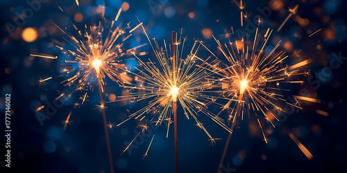 Three sparklers glowing against dark blue bokeh