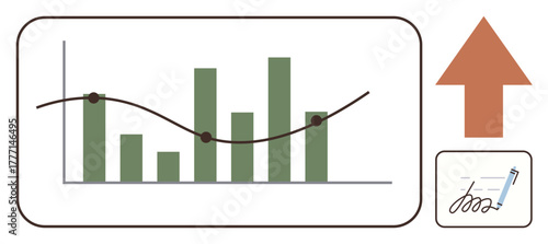 Green bar chart with trendline showing growth, large upward arrow, and signed document with pen. Ideal for analytics, progress, growth, business, agreements data success. Simple flat metaphor