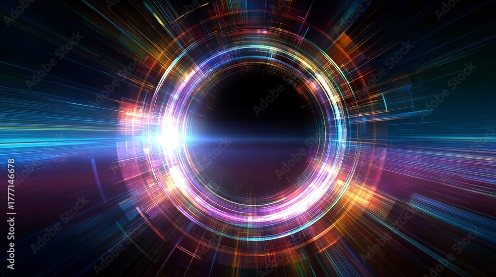 Fototapeta premium Dynamic abstract portal with vibrant light streaks and futuristic energy radiating outwards, symbolizing innovation and speed