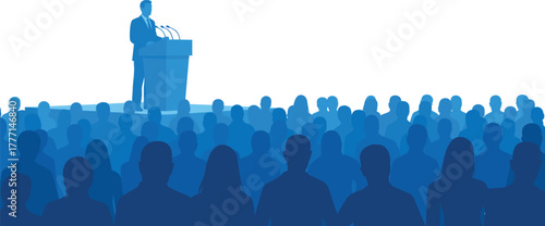 public speaking podium silhouette speaker addressing audience leadership conference vector illustration for seminar presentation design