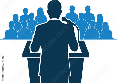 public speaking podium speaker addressing audience leadership conference vector illustration for seminar presentation editable design