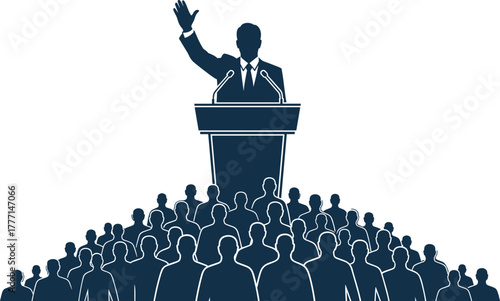 public speaking podium speaker raising hand addressing audience leadership conference vector illustration for seminar presentation design