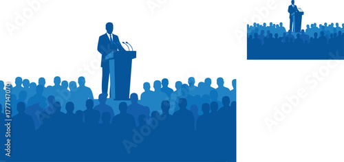 public speaking podium speaker addressing audience leadership conference vector illustration for presentation seminar editable design