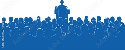 public speaking podium speaker addressing audience leadership conference vector illustration for seminar presentation editable design