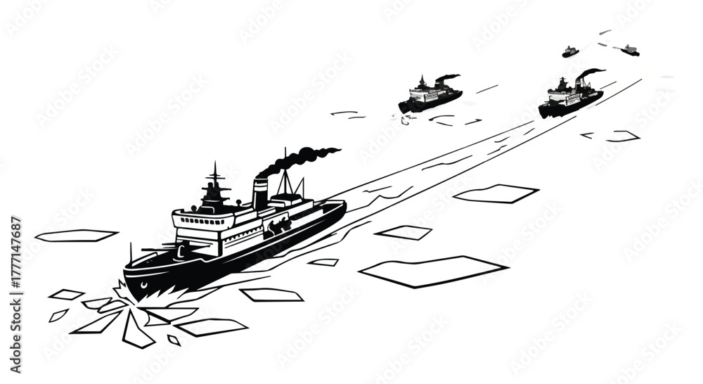 Fototapeta premium Powerful icebreaker ship leads a convoy through frozen, icy waters.