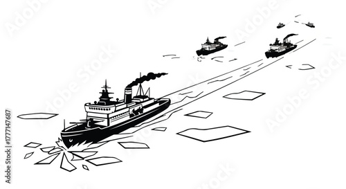 Powerful icebreaker ship leads a convoy through frozen, icy waters.