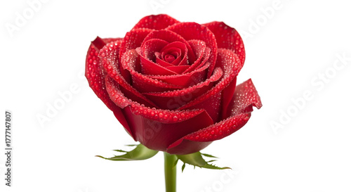 Close up of red rose with water drops isolated on white background