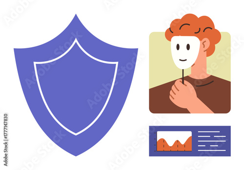 Large shield symbolizing security, individual holding mask denoting privacy, and small data charts representing analysis. Ideal for cybersecurity, identity protection, online safety, privacy