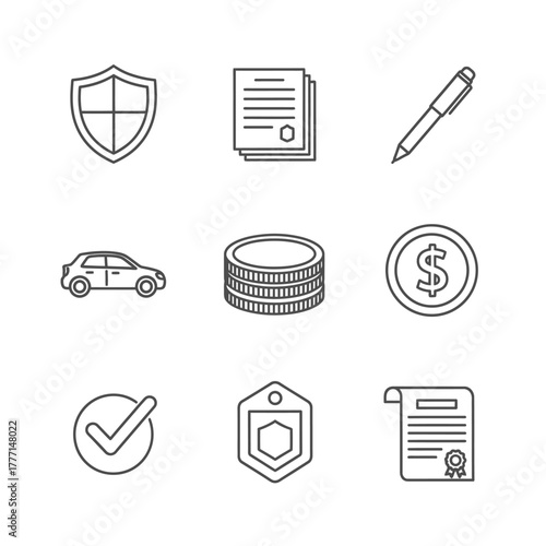 Collection of security, finance, and legal icons including shield, documents, car, money, and checkmark