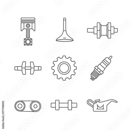 Engine Parts Icon Set Detailed Illustrations of Piston, Valve, Gear, and More for Automotive and Mechanical Designs