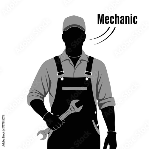 Mechanic Silhouette Holding Wrench Professional Automotive Technician Concept Illustration
