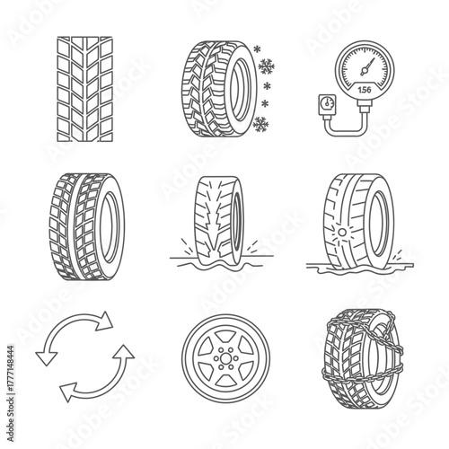 Set of thin line icons for an automotive tire shop and vehicle maintenance service, including winter tire, pressure gauge, rotation, and snow chains symbols