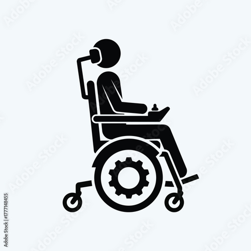 Silhouette icon of a person in a powered wheelchair with a head control