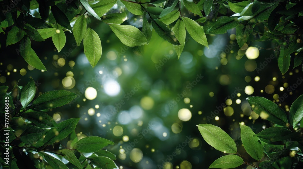 Fototapeta premium Vibrant green leaves surround a dreamy scene filled with soft light and gentle bokeh in nature.