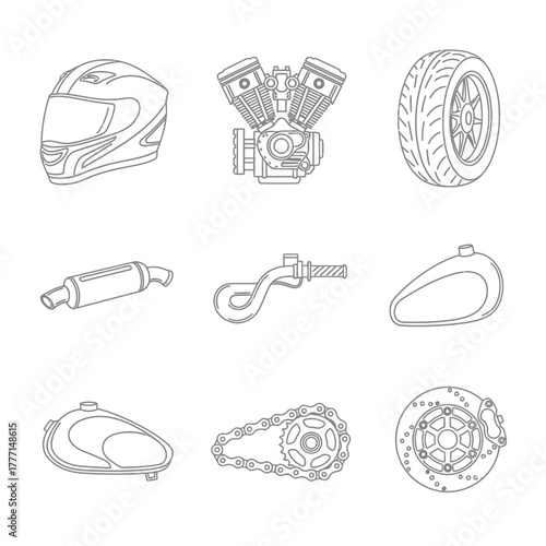 Motorcycle parts and accessories outlined in detailed illustrations