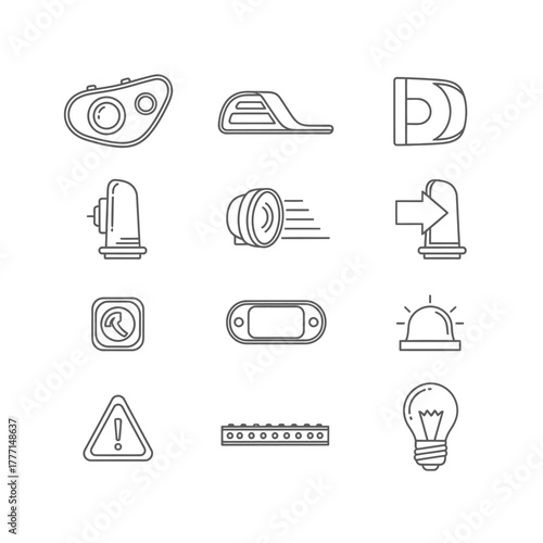 Minimalist line art icon set for vehicle lighting systems, featuring car headlamps, turn signals, warning lights, and emergency beacons