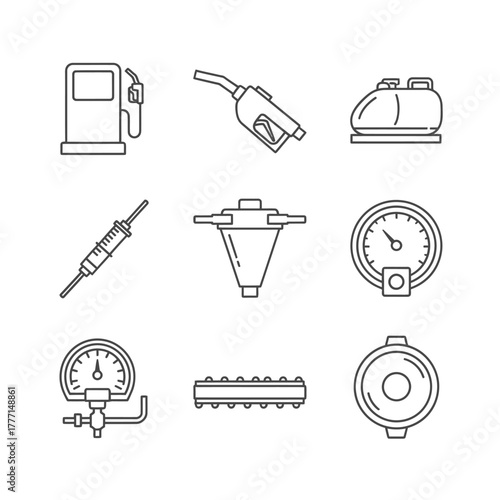 Fuel industry and car service equipment thin line icon set. Vector collection of symbols for a gas station, pressure gauge, filter, and fuel tank