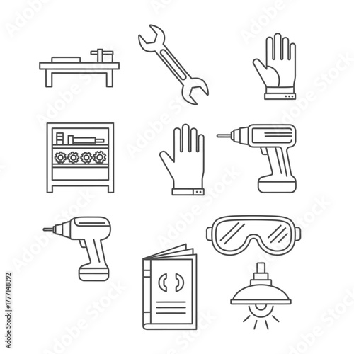 Workshop Essentials Hand Tools and Safety Gear Icon Set for DIY Projects