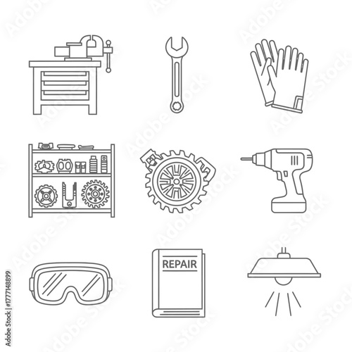 Workshop tools illustration workbench, wrench, gloves, shelves, gears, drill, goggles, repair manual, lamp