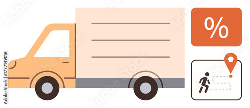 Delivery truck with discount percentage, route map, and pin highlights transport, shipping, logistics, e-commerce, delivery services, navigation cost efficiency. Ideal for supply chain wholesale