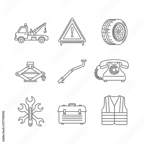 Collection of tow truck, roadside assistance, vehicle repair, and safety equipment icons for automotive services