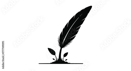 Silhouette of a quill pen growing from the earth with sprouting leaves, symbolizing creativity and new beginnings.