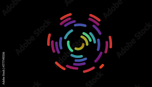 Vibrant Multicolor Circular Glow. Abstract geometric rings with radiant neon gradients on black backdrop. Dynamic motion, energetic whirl, and futuristic techno mood.