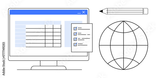 Computer screen with spreadsheet, checklist floating beside it, pencil, and globe outline. Ideal for productivity, task planning, global collaboration, online tools, education data management