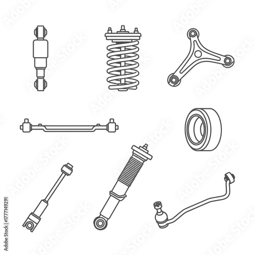 Car Suspension Parts Shock Absorbers, Springs, and Control Arms in Black and White Outline