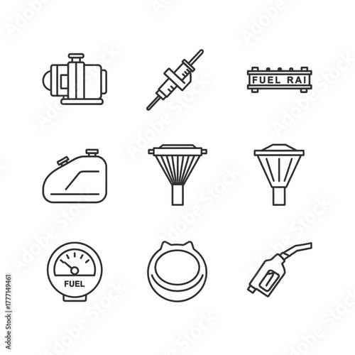 Set of nine fuel-related icons, including a fuel pump, gas can, fuel gauge, spark plug, funnel, and more