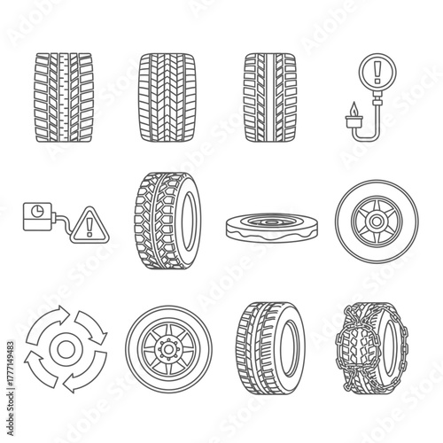 Collection of car tire and wheel icons, representing tire tread patterns, inflation, and spare parts